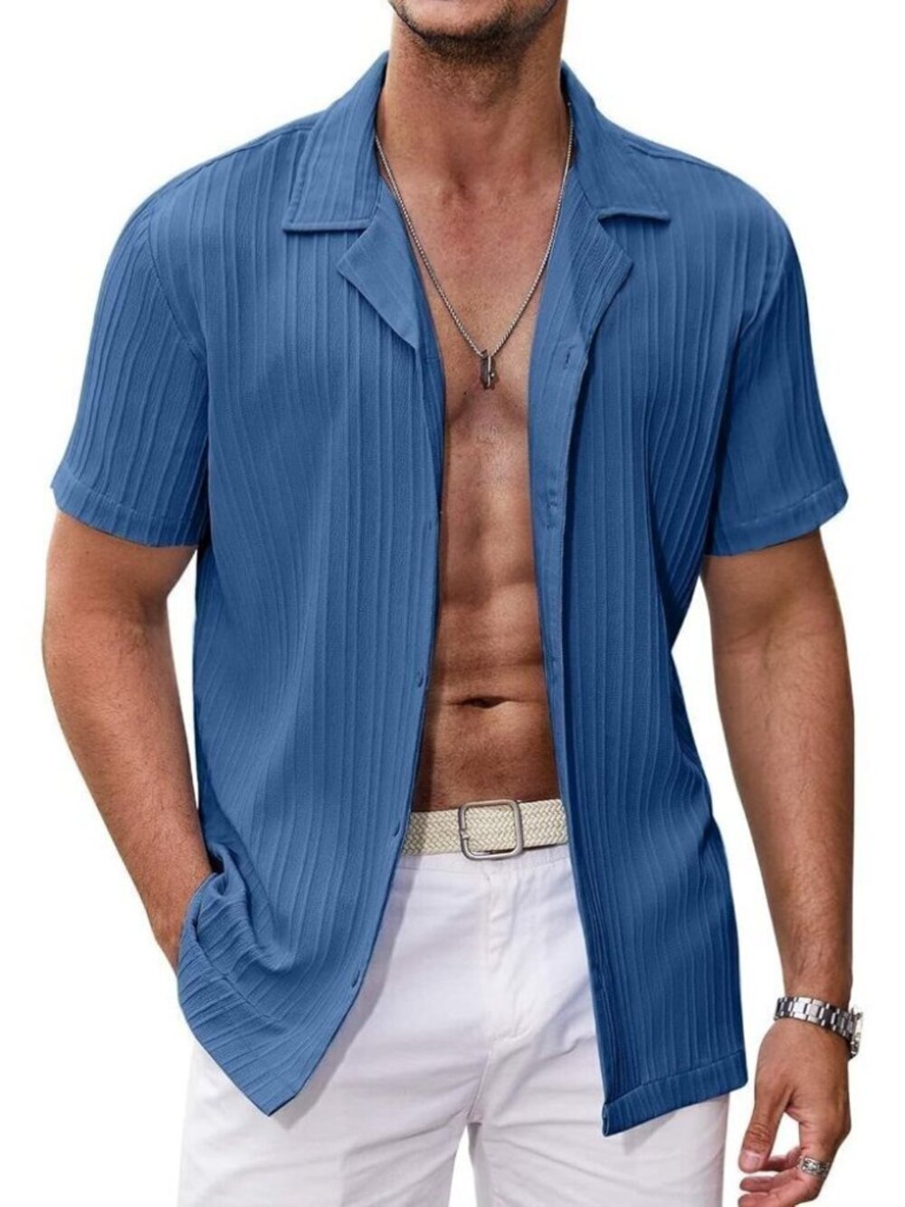 ❤️Men's Blue Shirts Short Sleeve Casual Button Down Shirt Summer Beach Shirt